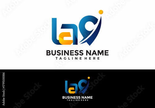"LaG" Lettermark Logo Design Featuring a Stylized 'G' Location Icon Pin with Integrated Swoosh Element and Orange Dot Accents, Presented in Blue and White Color Variations for Business Branding