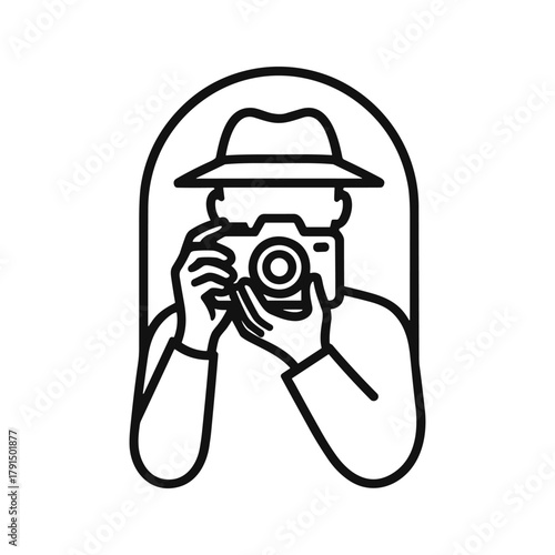 Outline icon of a photographer wearing a hat, holding a camera and taking a picture