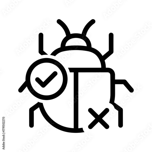 Bug icon with magnifying glass and checkmark, representing bug fixing and quality assurance