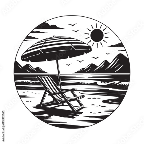 Tropical Beach Paradise Silhouette Vector Icon with Chair