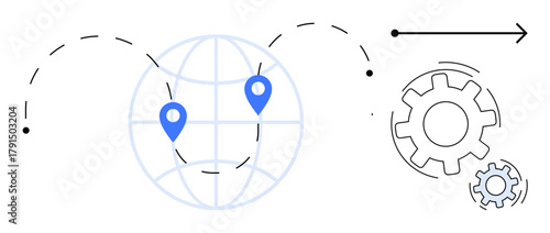 Globe with location pins, dotted line path, gear icons, and arrow symbolizing navigation, workflow, and progress. Ideal for global business, logistics, process automation innovation connectivity