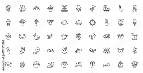 Spring icon set. Vector illustration pack. Includes lower, bee, rainbow, buttefly, rabbit, bird, sun, Eater, forest and more. Editble vector graphics.