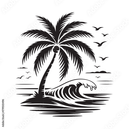 Tropical Island Paradise Silhouette Vector Graphic Logo