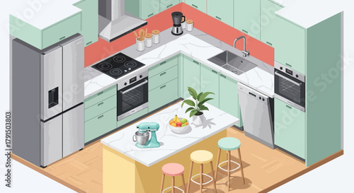 Isometric Kitchen Interior with Modern Appliances and Island Seating for Cozy Living Space