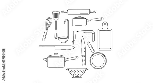 Minimalist kitchen utensil illustration featuring cooking tools and equipment on a white background