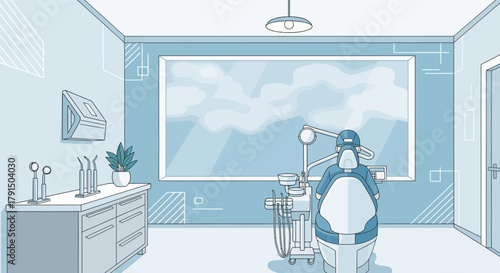 Minimalist dental clinic interior illustration with modern equipment and bright window view