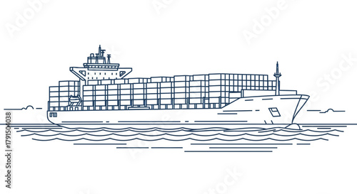 Minimalist line art illustration of a large container cargo ship sailing on the ocean
