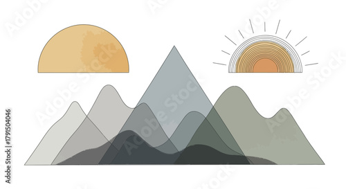 Minimalist mountain range illustration with sun and moon for scenic decoration