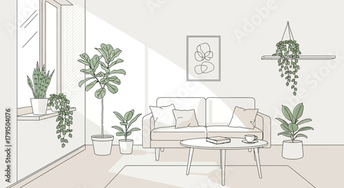 Modern living room illustration with plants couch table and sunlight for interior design