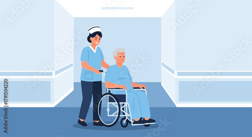 Nurse assisting senior man in wheelchair down hospital hallway illustration