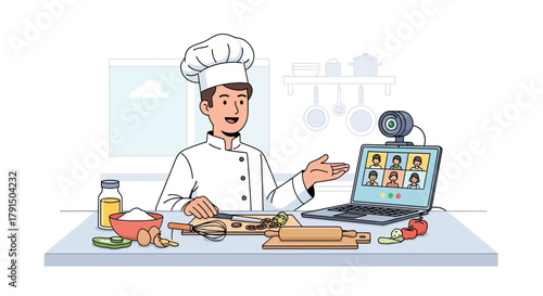 Online cooking class with chef broadcasting through laptop and teaching audience