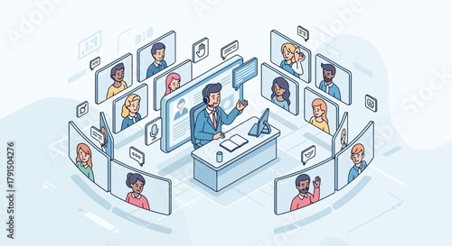 Online Meeting Illustration Showcasing Virtual Communication and Collaboration Across Distances