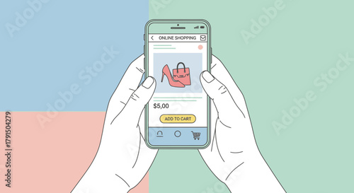 Online shopping experience depicted through hands holding smartphone with fashion item showcase
