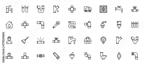 Plumber tools icon set. Minimal vector icons pack. Icludes symbols for faucet,pipe, leak, toilet, valve,wrench, plunger, toolbox ad more. Editable stroke.