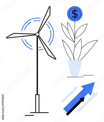 Wind turbine generating energy, plant with money symbol, growth arrows. Ideal for sustainability, finance, investment, ecology, renewable energy economics green technology. Simple flat metaphor