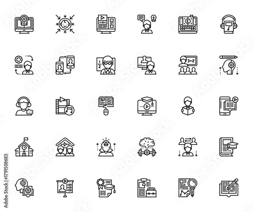 E-learning icon set. Vector illustration pack. Inclues symbols for online teacing, video tutorials, stud, research, school, brain,diploma and more.