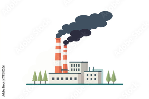 Minimal Flat Illustration of an Industrial Factory Emitting Dark Smoke