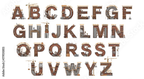 Alphabet letters constructed with industrial elements, showcasing a creative and detailed design.