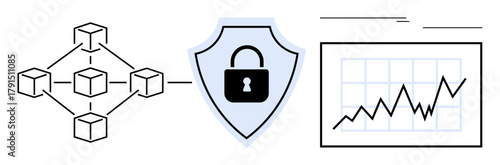 Blockchain nodes interconnected, shield with lock for data security, and line graph showing analytics growth. Ideal for blockchain, data encryption, cybersecurity, analytics, data systems, fintech
