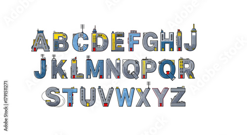 Alphabet letters illustrated with city buildings and architecture, in a cartoon style, colorful and playful.