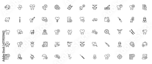 Dental icon set. Vector healthcare symbols collectio. Featuring tooth, dentist implant, braces, checkup,appointment, insurance andmore.