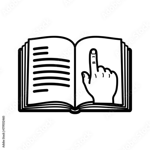 Open book with hand pointing to page