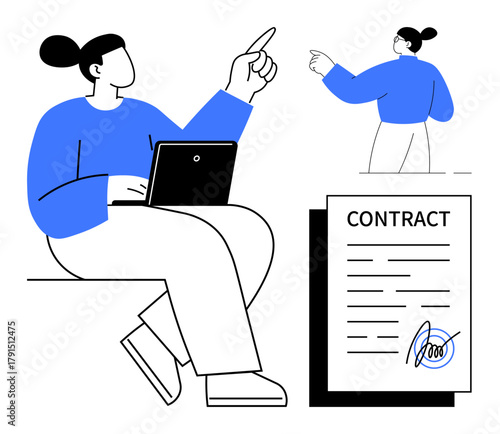Professional reviewing contract while pointing to key details includes signed agreement layout. Ideal for collaboration, legal work, agreements, business, partnership, guidance, teamwork. Simple flat