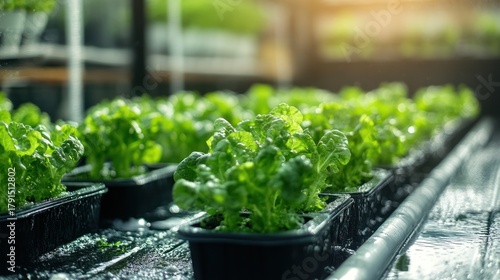 Hydroponic lettuce seedlings in a greenhouse, healthy growth, agriculture, sustainable food production