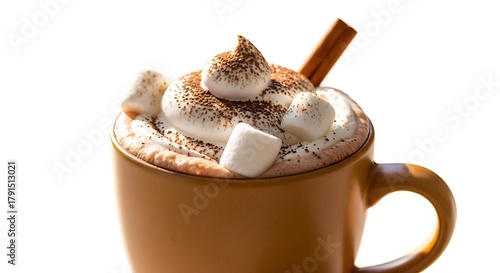 Hot chocolate mug with whipped cream, marshmallows, and cinnamon stick, isolated on white background, soft light, stock photography style