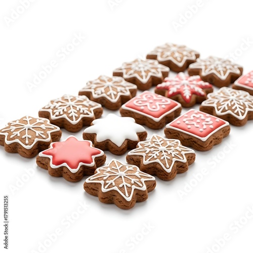 Gingerbread cookies decorated with icing, arranged neatly on white background, soft shadows, stock photography style