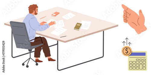 Man sitting at a desk organizing papers, surrounded by books and documents. Includes visual concepts of financial growth, calculation, and planning. Ideal for business, finance, productivity