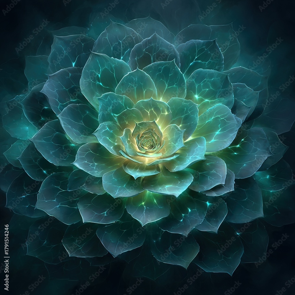 Obraz premium The vibrant conceptual art depicts a growing succulent plant, with bright green energy bursting from its center, symbolizing life, growth, and rebirth in a digital painting style.