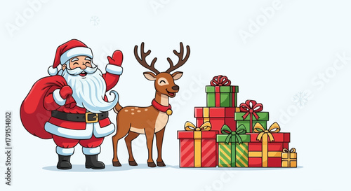 Santa Claus and reindeer with Christmas gifts ready for holiday delivery.