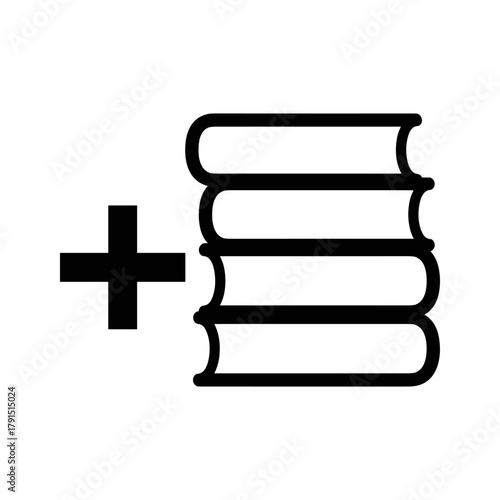 Stack of books with a plus sign, representing adding more books or knowledge
