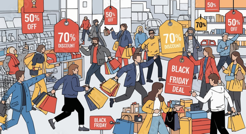 Black Friday Shopping Frenzy - Crowds Rushing for Deals with Shopping Bags.