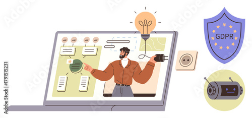 Man presenting on data security, GDPR compliance, and technology on a screen with lightbulb, plug, shield, and camera. Ideal for cybersecurity, privacy, education innovation technology online