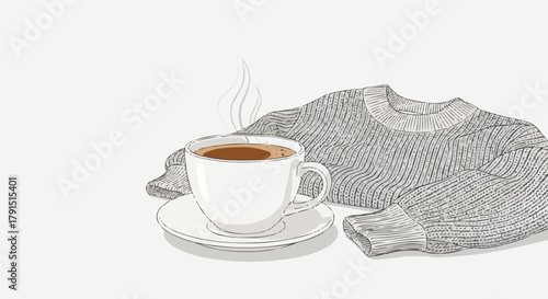 Steaming hot cup of coffee next to a cozy knitted sweater.