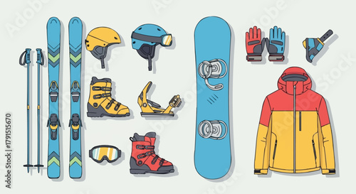 Complete set of winter sports equipment for skiing and snowboarding.