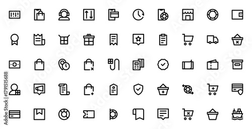 Online Shopping icon set. E-commerce vector icons pak. Includes symbols for bacode, shopping cart, credi card, payment, delivery, oucher and more. Editable troke.