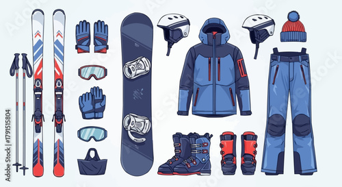 Winter Ski and Snowboard Gear Collection for Outdoor Sports.