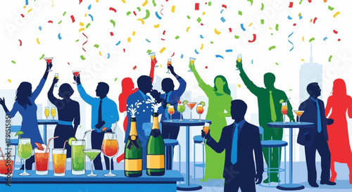 Diverse group of people celebrating at a lively party with drinks and confetti.