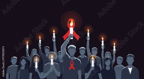 Crowd Holding Candles and Red Ribbon for AIDS Awareness.
