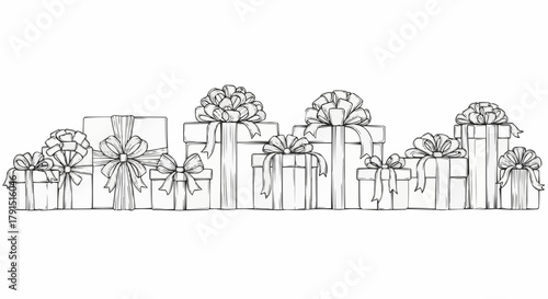 Collection of Hand Drawn Gift Boxes with Ribbons and Bows.