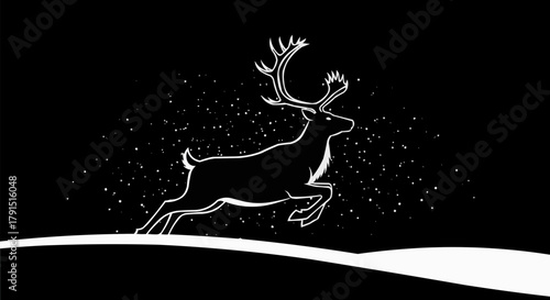 Elegant Reindeer Silhouette Leaping Through Snowy Night.