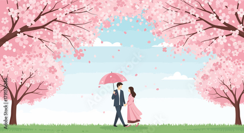 Romantic stroll under cherry blossoms a loving couple walking with umbrella, under blooming trees