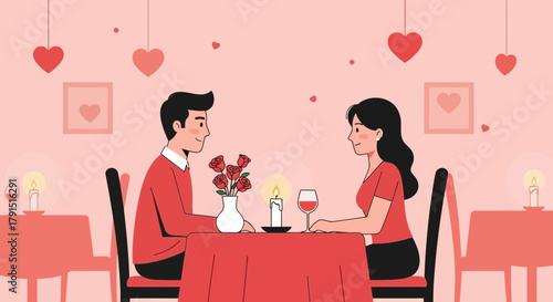 Romantic Valentine's Day dinner illustration featuring a couple enjoying a special date night with