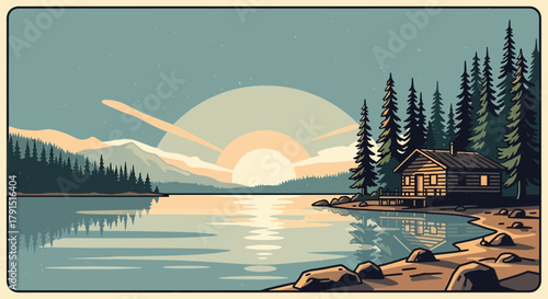 Serene Lakeside Cabin at Sunset: A Tranquil Retreat in the Wilderness Landscape