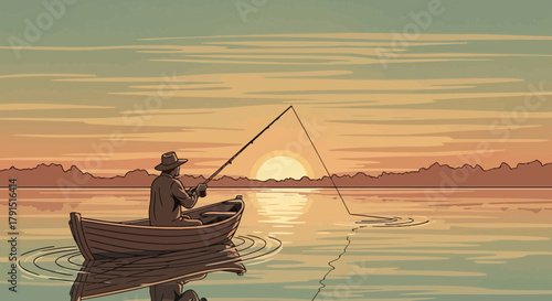 Serene fishing adventure at sunset a contemplative moment of tranquility in nature