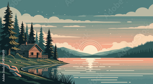 Serene Lakeside Cabin at Sunset: A Tranquil Escape into Nature's Embrace vector illustration