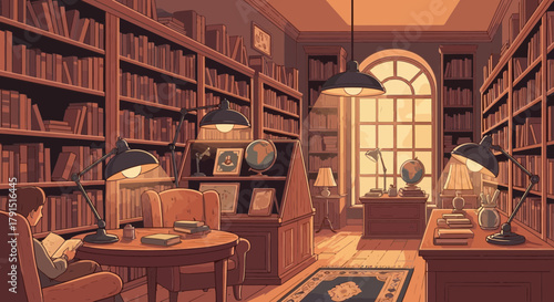 Serene Library Scene: A Cozy Reading Nook with Warm Lighting and a Vast Collection of Books